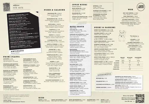 The Este Oeste restaurant food menu with a feedback QR code printed in the bottom corner