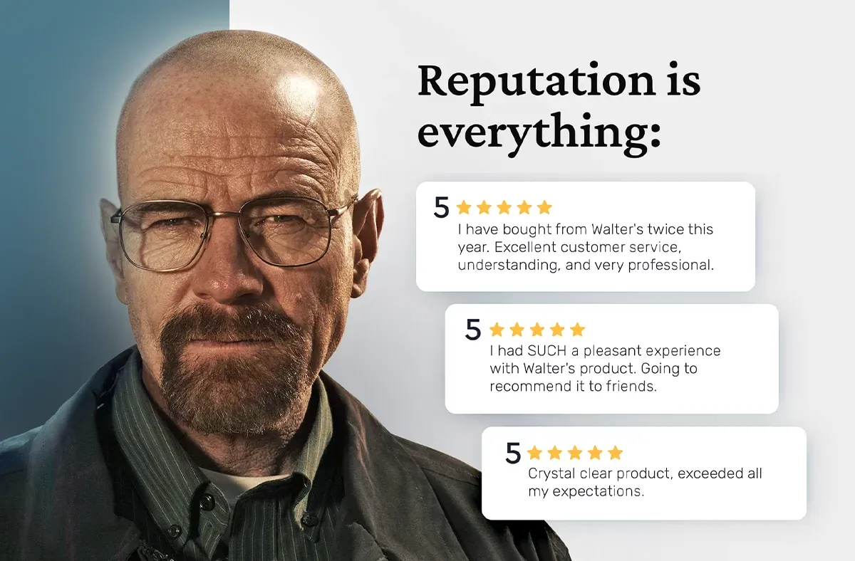 Reputation is everything: a stern business owner next to three 5-star reviews praising his customer service