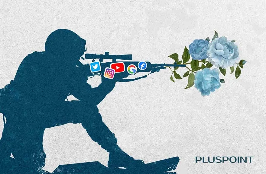 A sniper taking aim with a rifle marked with Twitter, Instagram, YouTube, Google and Facebook logos, firing flowers