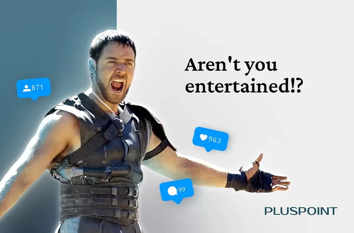 Aren't you entertained!? — a gladiator working the crowd, surrounded by follower, like and comment counters